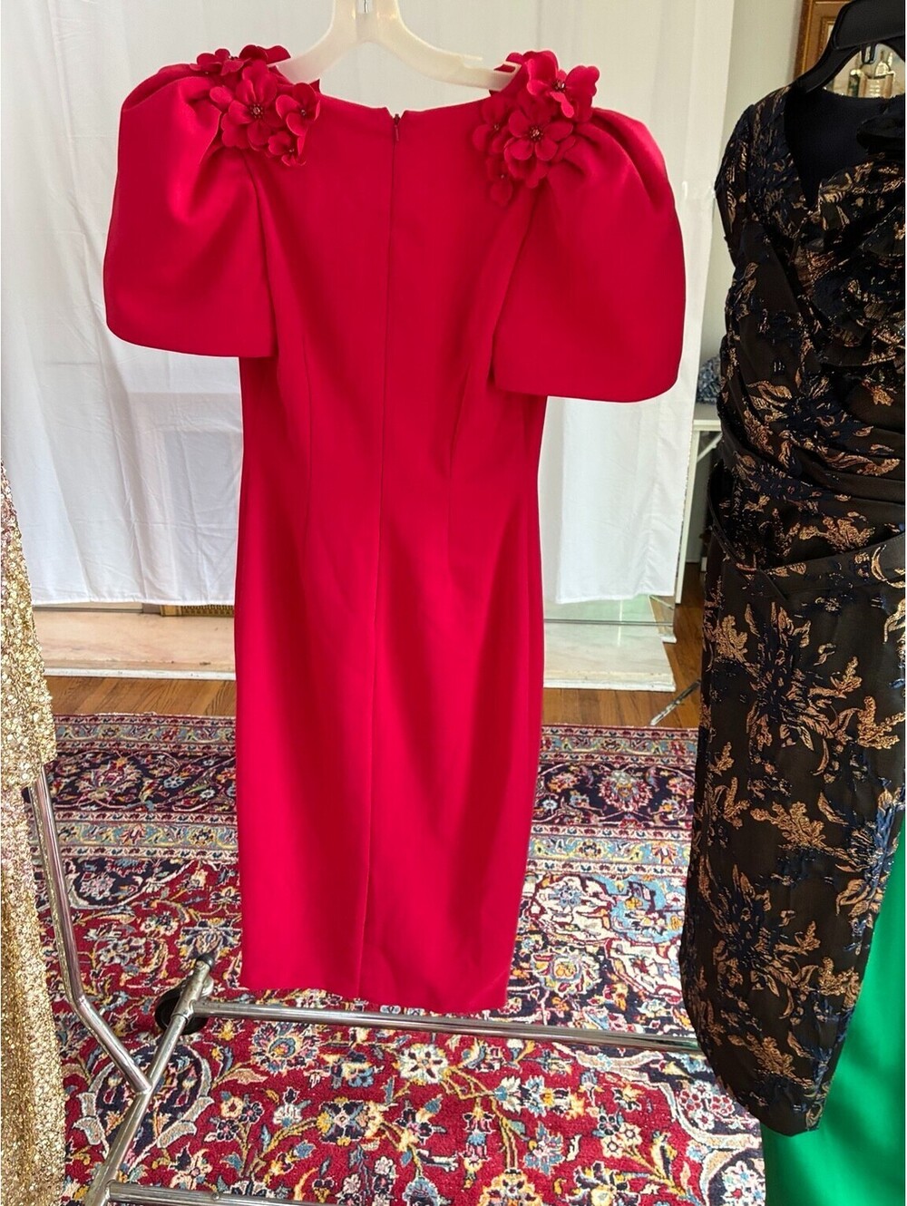 Badgley Mischka 3D Floral Beaded Shoulder Puff Sleeve  Applique Midi Dress Red 4 - Picture 4 of 7